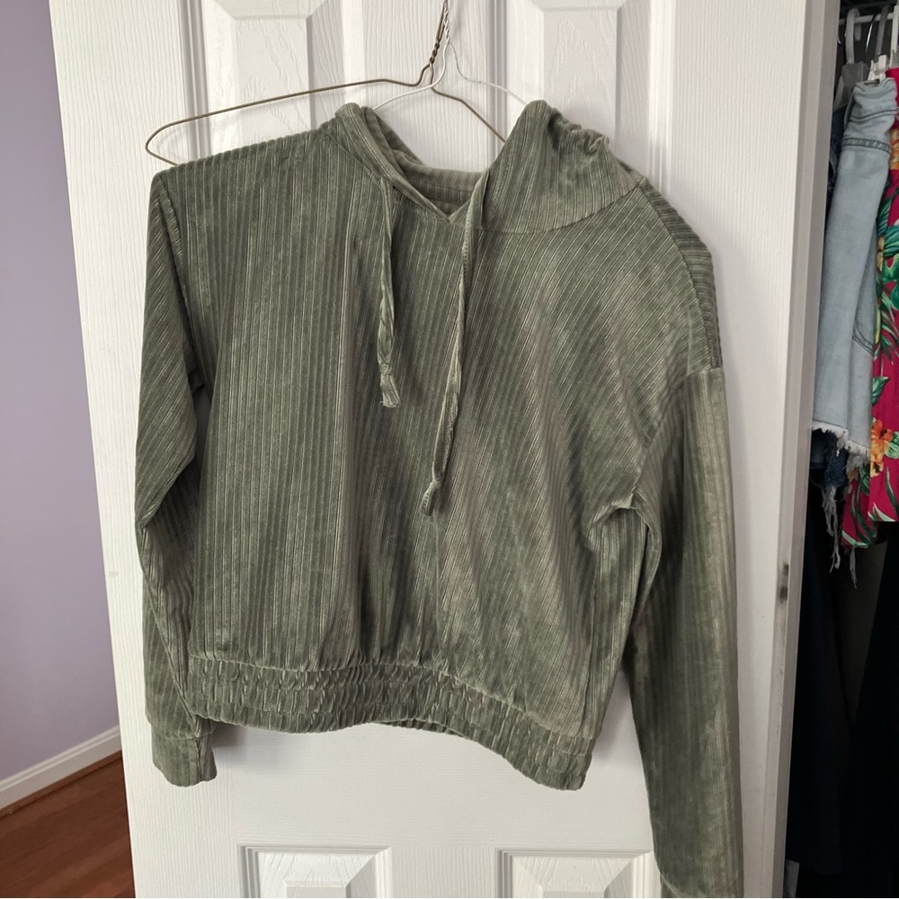 No Boundaries Ribbed Olive Velour Crop Hoodie